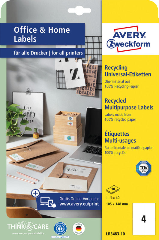 Avery Etiketten, 105 mm × 148 mm, naturweiss, Altpapier, permanent, 10 Blatt (40 Etiketten)