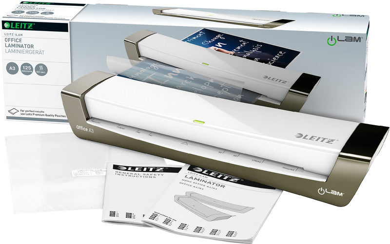Leitz iLAM Office 1 Laminiergerät A3 – 2-Rollen, 80–125 µm, 1 Min. Aufheizzeit, 400 mm/min, Silber