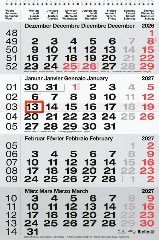 Biella 4-Monats-Kalender – 4 Monate pro Blatt – viersprachig D/F/I/GB – 2026 – Datumsschieber – 31 × 47 cm