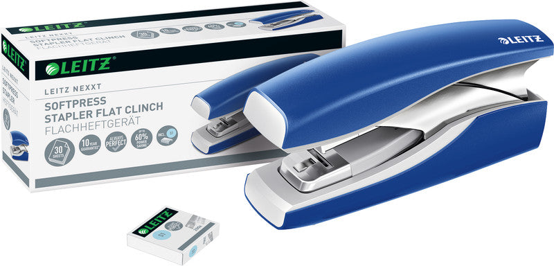 Leitz NeXXt Softpress – Hefter, 30 Blatt, Flat-Clinch, Oberlademechanik, geschlossene Heftung, blau