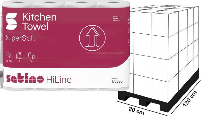 Satino hiline Haushaltspapier – 3-lagig, Weiss, Papier – 260 × 220 mm – Rolle 64 Blatt – Packung 4 Rollen