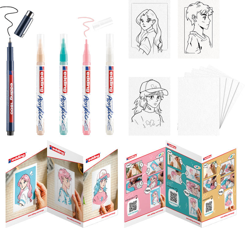 Edding Kreativset Acrylic Marker Manga – 1 Faserzeichner, 4 Acrylic Marker