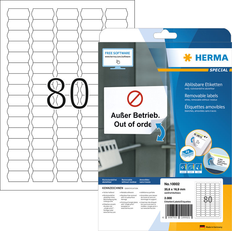 HERMA Etiketten, 36 mm × 17 mm, weiss, Papier, ablösbar, 25 Blatt (2'000 Etiketten)