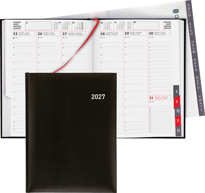 Biella Orario Agenda – 1 Woche/2 Seiten, gebunden, 17,5 × 23,5 cm, 2027, Schwarz, FSC