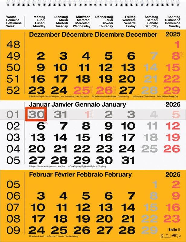 Biella 3-Monats-Kalender – 3 Monate pro Blatt – viersprachig D/F/I/GB – 2026 – Datumsschieber – 31 × 40 cm