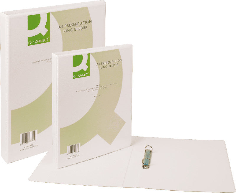 Q-connect Zeigebuch – A4 Hochformat – 4-Ring Bügelmechanik, Ø 20 mm, Rücken 38 mm – Weiss, mit Sichttasche