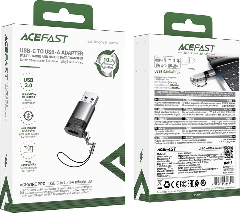 Acefast Adapter USB-C zu USB-A – USB 3.2 Gen 2 (10 Gbit/s), PD 27 W – Metallgrau
