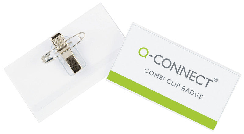 Q-CONNECT Namensschild – 75 × 40 mm, transparent, Kunststoff, mit Kombiklemme – 50 Stk