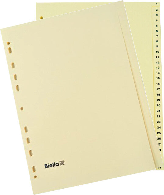 Biella Register – A4, 31-teilig, Papier, gelb, vorgedruckt, 11-fach Lochung, für A4