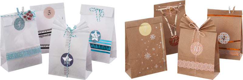 Folia Adventskalender-Set – 24 Papiertüten, Zahlensticker 1–24, 10 m Kordel – 100 × 175 × 55 mm