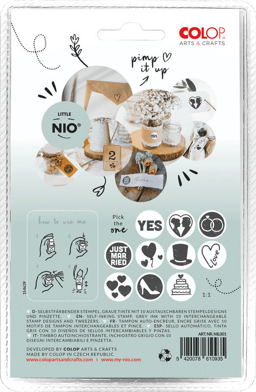 Colop Little NIO Rundstempel – Hochzeit, selbstfärbend, Ø 17 mm, Kissen grau, Englisch