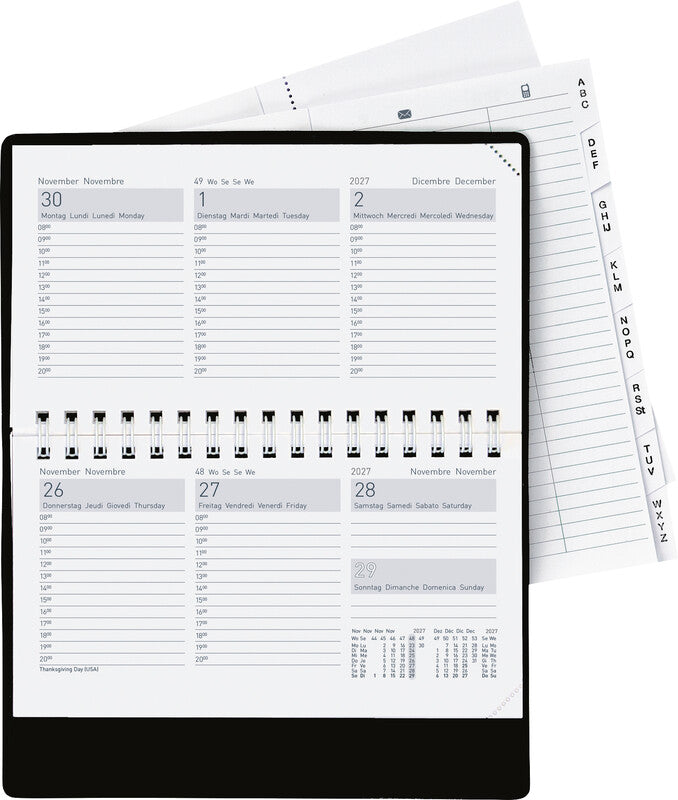 Biella Agenda – 1 Woche/2 Seiten, Spiralbindung, 15,3 × 8,5 cm, 2027, mehrsprachig, schwarz, FSC
