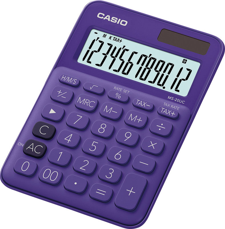Casio Tischrechner MS-20UC – 12-stellig, Prozent/Währung, Solar + Batterie, Violett, 105×150×23 mm