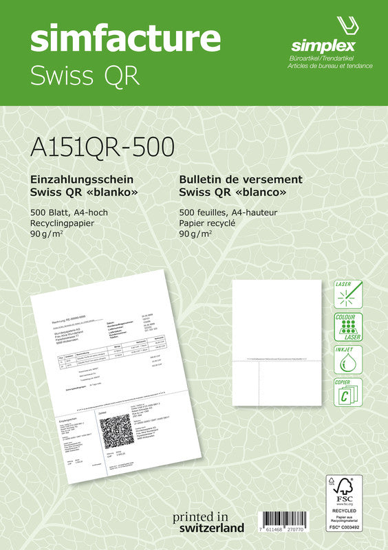 Simplex Formular – Swiss QR Recycling, für QR-Rechnung, A4