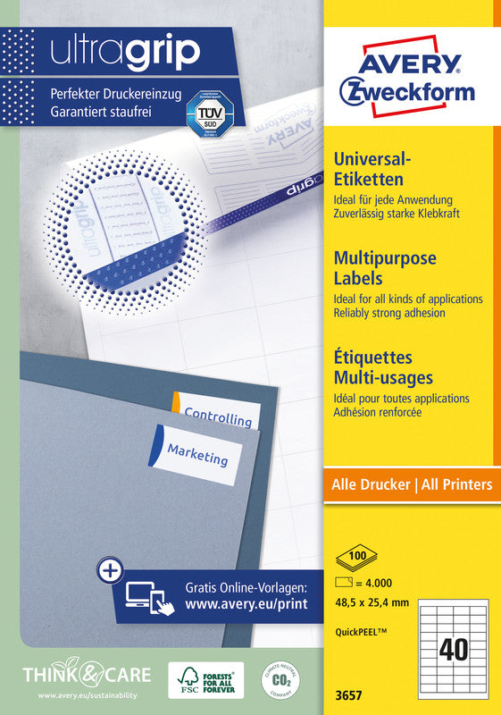 Avery Druckeretiketten, 49 mm × 25 mm, weiss, Papier, permanent, 100 Blatt