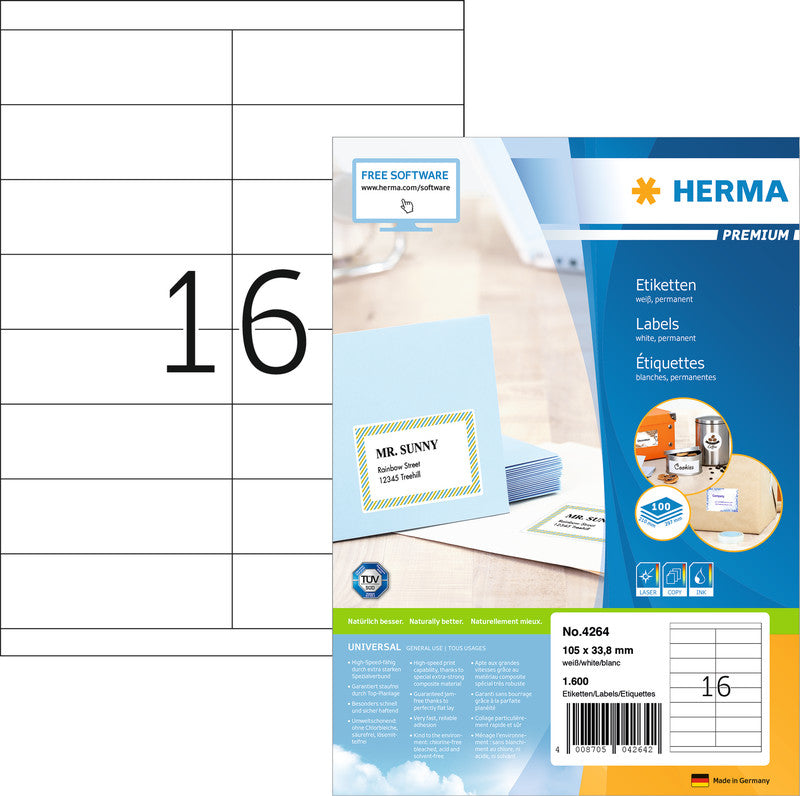 HERMA Etiketten, 105 mm × 34 mm, weiss, Papier, permanent, 100 Blätter (1600 Etiketten)