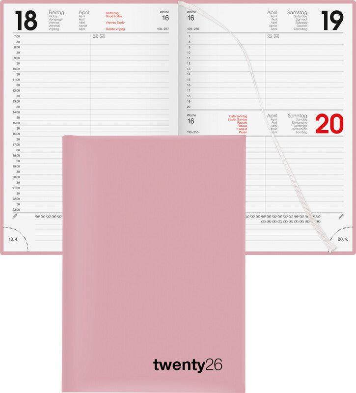Biella Bunte Agenda – 1 Tag pro Seite, gebunden, 14,5 × 20,5 cm, 2026, 1/2-Stunden-Takt, Rosa, FSC