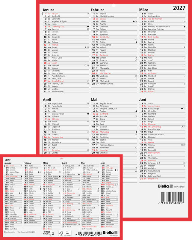 Biella Tafelkalender – 6 Monate pro Seite – Französisch – 2027 – mit Notizfeld, zweiseitig – 32 × 29,7 cm