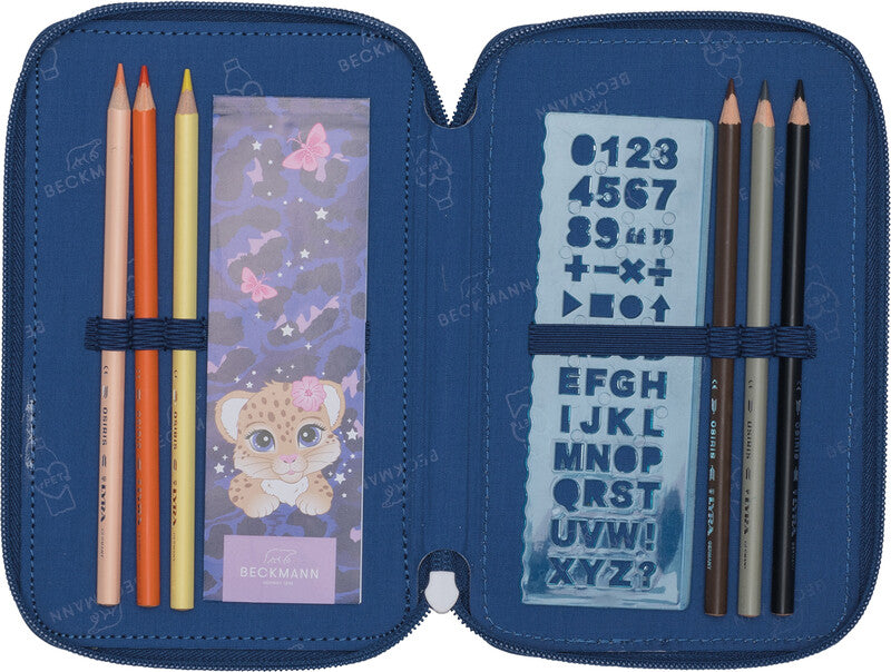 Beckmann Klassisches Schuletui Triple, gefüllt, 27-teilig – Cheetah – Polyester – 13 × 20,5 × 7 cm