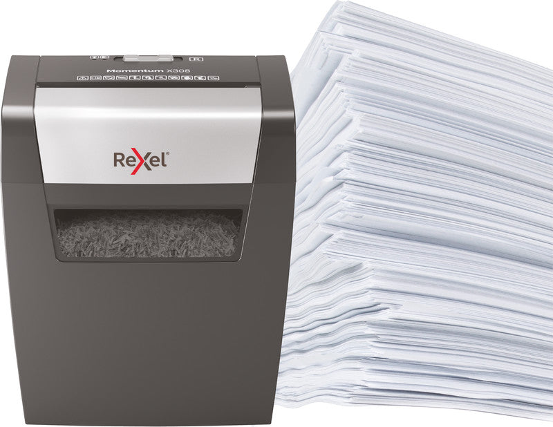 Rexel Momentum X308 – Aktenvernichter, DIN P-3, Partikelschnitt 5 × 42 mm, 8 Blatt, 15 l, A4