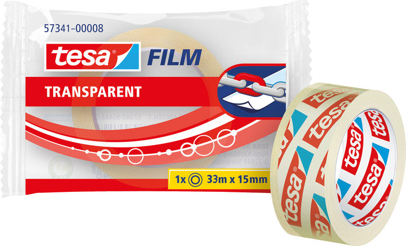 TESA Büro-Klebeband – permanent, klar, Kunststoff, 15 mm × 33 m, Kern Ø 26 mm