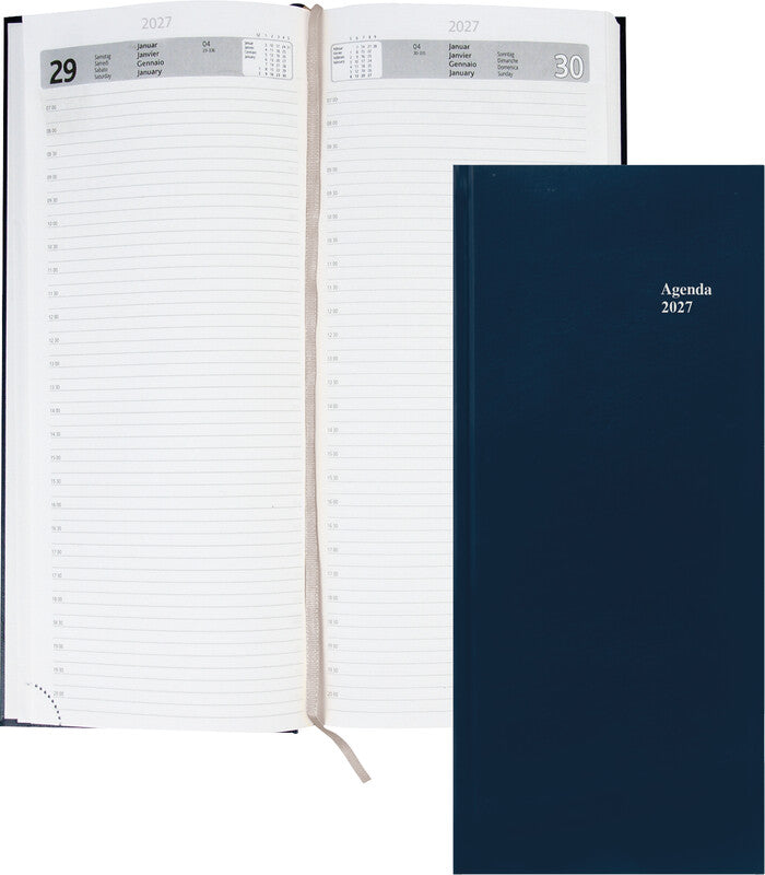 Simplex Agenda – 1 Tag pro Seite, gebunden, 13,5 × 31,5 cm, 2026, 1/2-Stunden-Takt, Blau, FSC