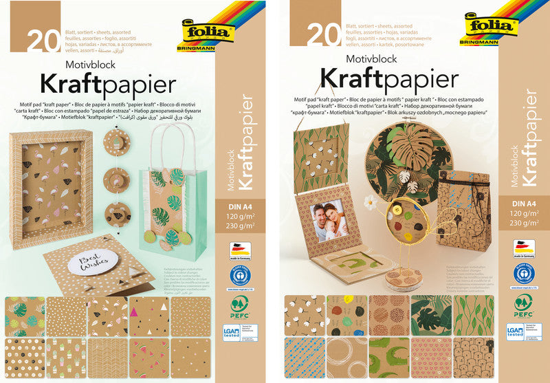 Folia Motivblock Kraftpapier – A4 – 120/230 g/m² – Mehrfarbig – 20 Blatt