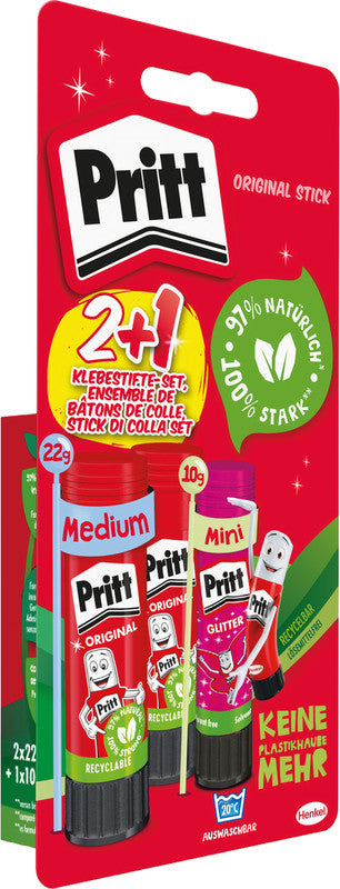 Pritt Klebestift – Stift, permanent, transparent, lösemittelfrei, 2×22 g + 1×10 g, zum Basteln