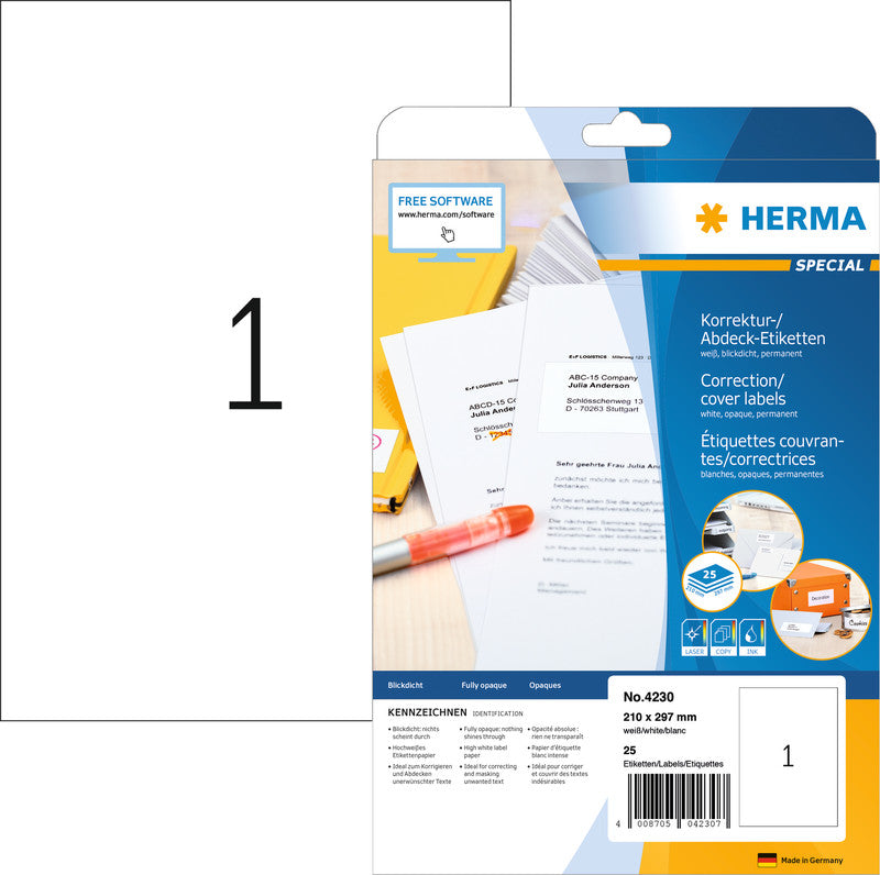 HERMA Druckeretiketten, 65 mm × 34 mm, weiss, Papier, permanent, 25 Blatt (600 Etiketten)