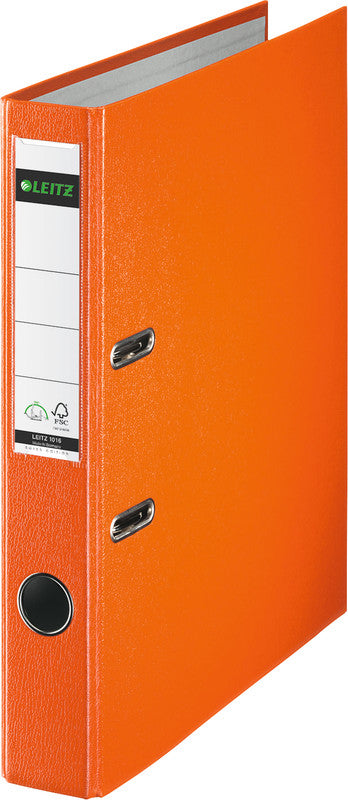 Leitz Ordner – A4 hoch – 2-Ring Hebelmechanik, Rücken 52 mm – orange, mit Niederhalter, mit Griffloch, FSC