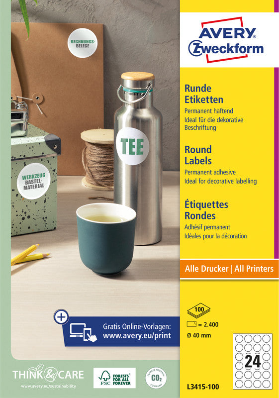 Avery L3415-100 – Markierungspunkte Ø 40 mm – 24 pro Blatt, 100 Blätter (2'400 Stk.) – Papier – permanent haftend