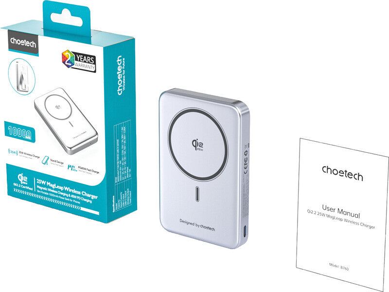 Choetech MagLeap Series Qi2.2 MagSafe Powerbank 10'000 mAh – 45 W PD, Qi2 25 W, 1× USB-C, weiss/silber