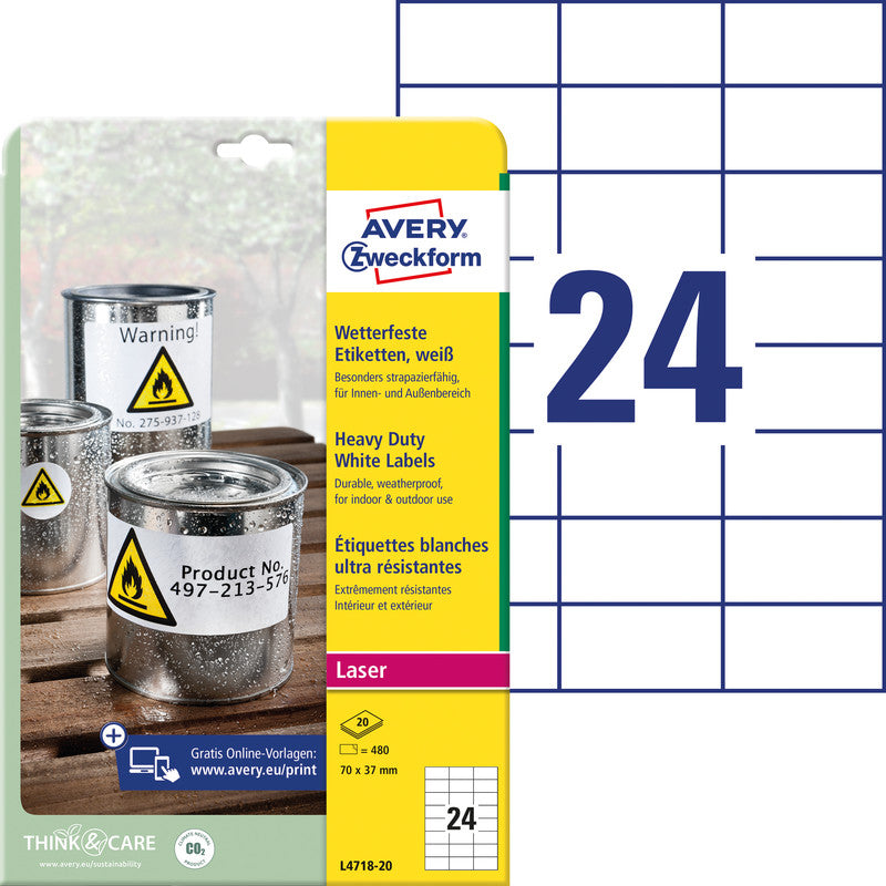 Avery Zweckform – Druckeretiketten, 70 mm × 37 mm, weiss, Folie, extra stark, 480 Etiketten (20 Blatt)