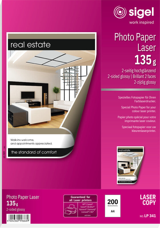 Sigel Fotopapier – hochglänzend, A4, 135 g/m², 200 Blatt, beidseitig – für Laserdrucker und Kopierer