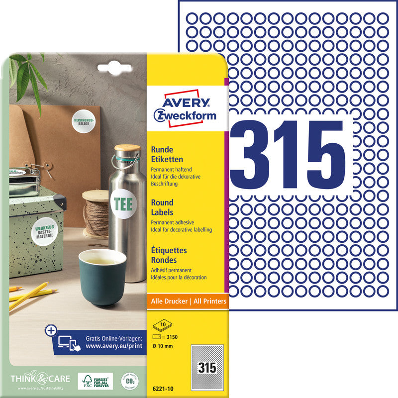 Avery Markierungspunkte Ø 10 mm – Weiss – 315 pro Blatt, 10 Blätter (3'150 Stk.) – Papier, permanent haftend