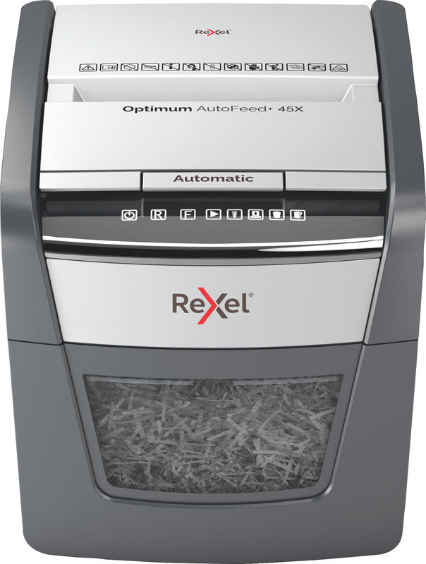 Rexel Optimum AutoFeed+ 45X – Aktenvernichter mit Autofeed 45 Blatt, DIN P-4, Partikelschnitt 4 × 28 mm, 20 l