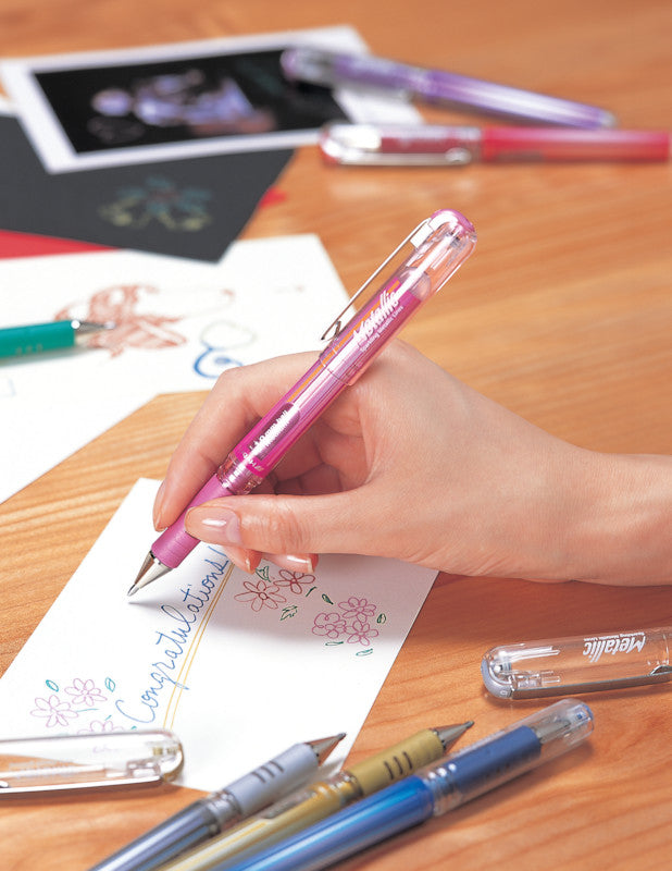 Pentel Hybrid Gel Grip DX Gelschreiber, Kappe – weiss/silber/gold, Spitze 1 mm, wasserfest, metallic, 3er-Set