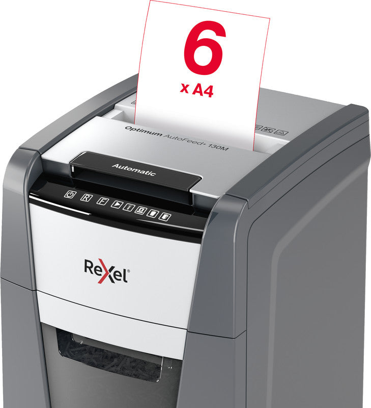 Rexel Optimum AutoFeed+ 130M – Aktenvernichter mit Autofeed 130 Blatt, DIN P-5, Mikroschnitt 2 × 15 mm, 6 Blatt