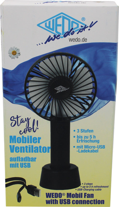Wedo USB-Tischventilator Stay Cool – 3 Stufen, Akku (bis 5 h), Micro-USB, Schwarz – 107 × 205 × 43 mm
