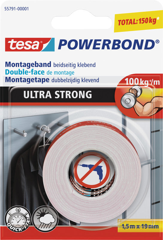 Tesa Ultra Strong Montageband, für Innen- & Aussen – 19 mm × 1,5 m, weiss, bis 10 kg/10 cm