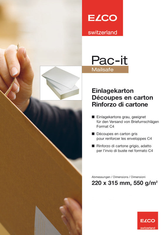 ELCO Einlagekarton, für C4 (315 × 220 mm), 0,75 mm, 550 g/m², grau, Pac-it Mailsafe – 100 Stk.