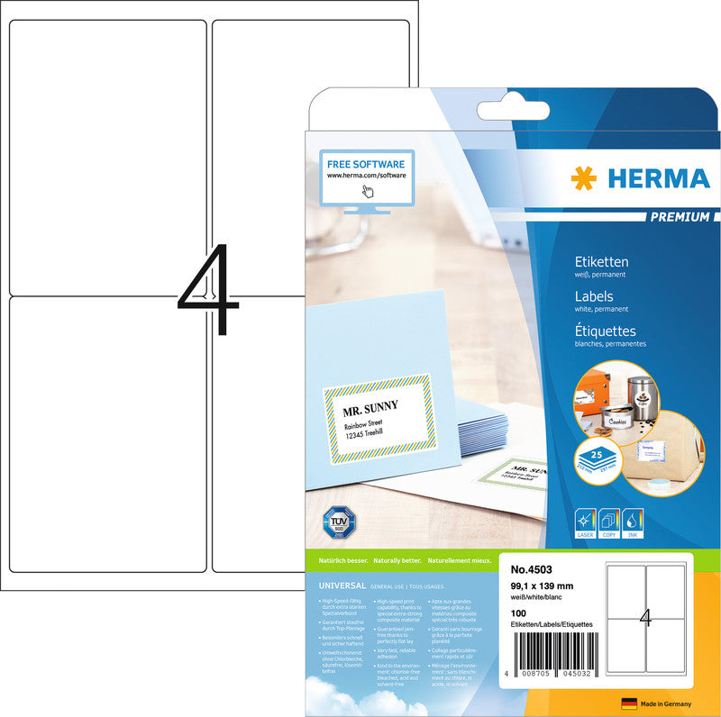 HERMA Drucketiketten, 99 mm × 139 mm, weiss, Papier, permanent, 25 Blätter (100 Etiketten)