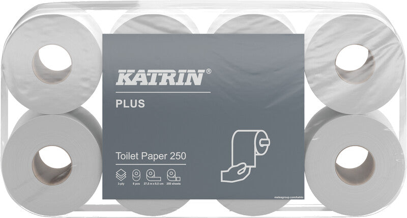 Katrin Plus Toilettenpapier – Recycling, 3-lagig, weiss, 400 Blatt/Rolle, 95 × 110 mm – 8 Rollen