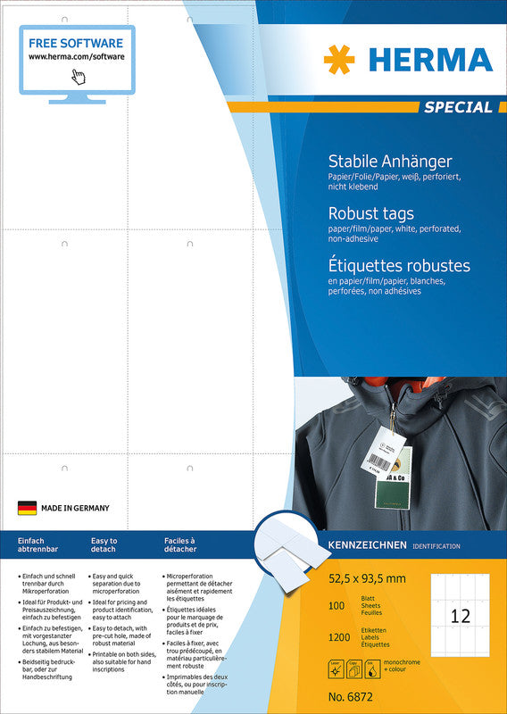 HERMA Anhängeetiketten – rechteckig 52,5 × 93,5 mm, weiss, A4, perforiert, mit Loch, 100 Blatt (1'200 Stk.)