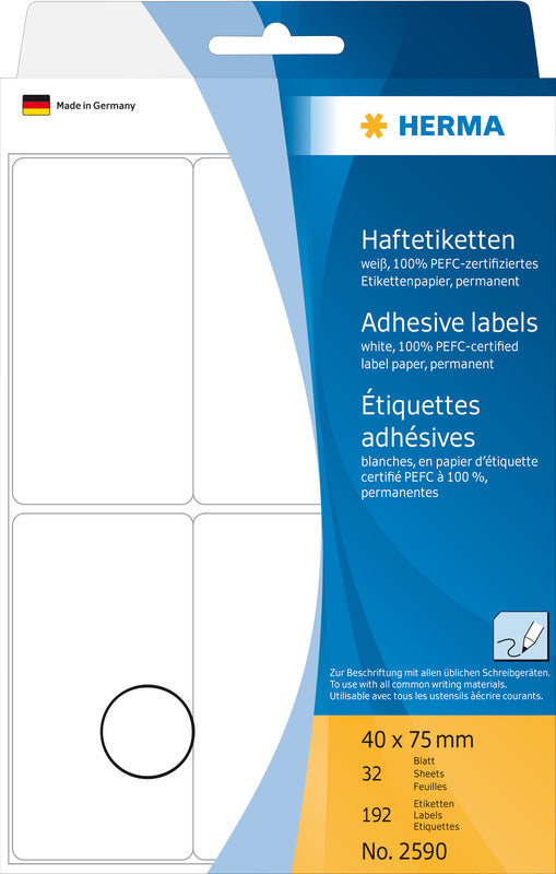 HERMA Schuletiketten – 40×75 mm, Abgerundete Ecken, 192 Stk, 32 Bogen, Papier, Permanent Haftend
