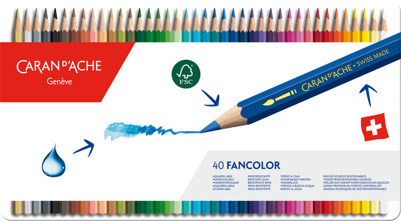 Caran d-Ache Caran d'Ache Aquarellfarbstifte Fancolor – 40 Farben, im Metalletui, Ø 2,8 mm, FSC