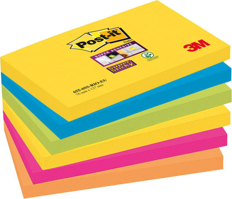 Post-it Super Sticky Haftnotizen – 127×76 mm – sortiert, 6×90 Blatt, PEFC