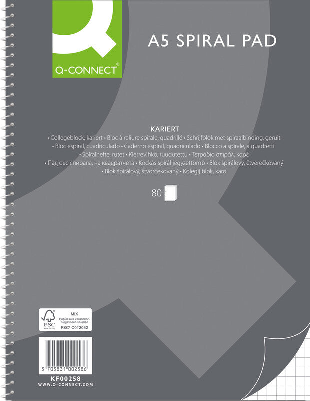 Q-connect Collegeblock, kariert, Spiralbindung, Karton, 80 Blatt, 6-fach gelocht, perforiert, 70 g/m² – grau
