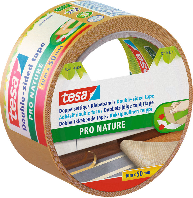 Tesa Teppichklebeband Pro Nature, stark, für glatte Oberflächen – 50 mm × 10 m, weiss