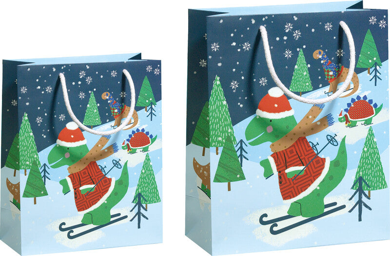 Zoewie Geschenktasche – Winter Dinos – mit Glitter, gedrehte Kordel und Ösen – 170 × 225 × 92 mm